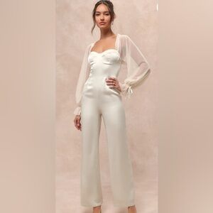 Lulu's Cream Sheer Sleeve Jumpsuit